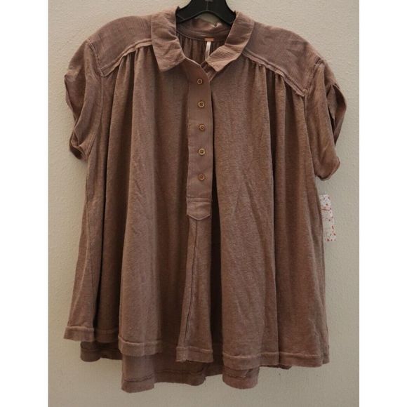 Free People OB1102105 Women's Sz XS Brown Lowdown Henley Oversized Linen Top $78 - Picture 1 of 10